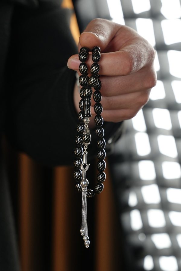 Silver Embroidered Hızır Reis Oltu Stone Prayer Beads