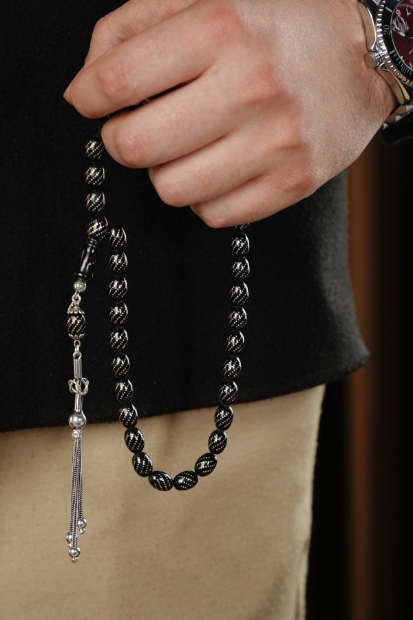 Silver Embroidered Hızır Reis Oltu Stone Prayer Beads