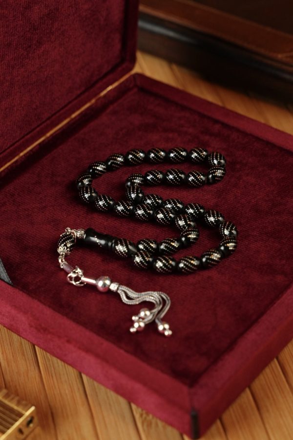 Silver Embroidered Hızır Reis Oltu Stone Prayer Beads