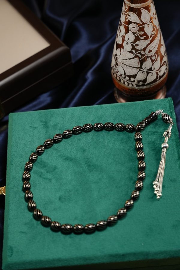 Silver Embroidered Hızır Reis Oltu Stone Prayer Beads