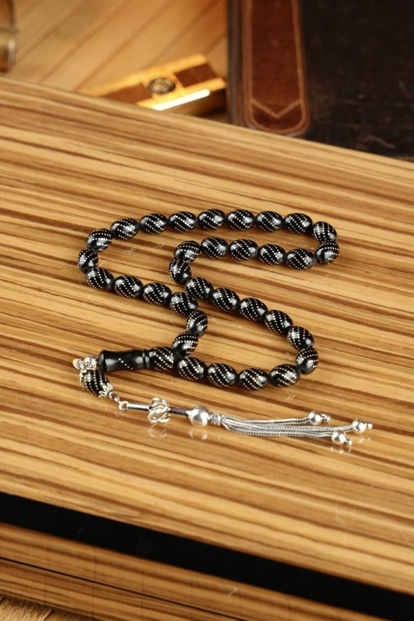 Silver Embroidered Hızır Reis Oltu Stone Prayer Beads