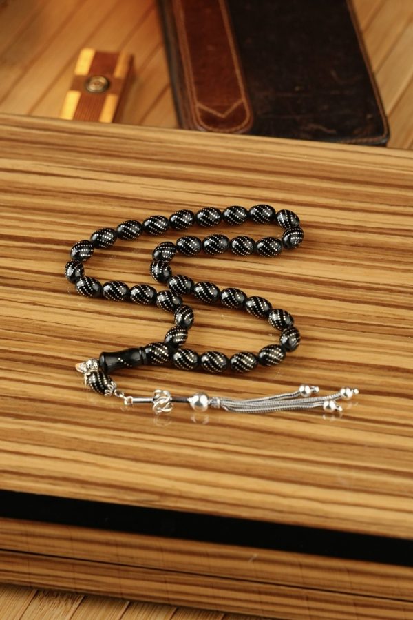 Silver Embroidered Hızır Reis Oltu Stone Prayer Beads