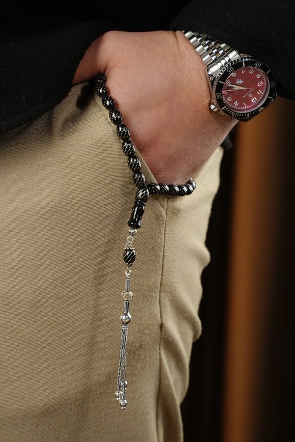 Silver Embroidered Hızır Reis Oltu Stone Prayer Beads